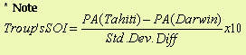 SOI Calculation formula: 10x [PA (Tahiti)  - PA (Darwin)] / Std Dev Diff